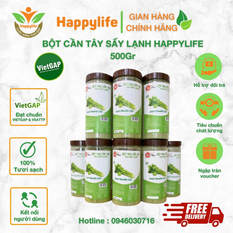 Bột Cần Tây Nguyên Chất Sấy Lạnh Happylife hộp 500gr - Đánh bay mỡ thừa, giảm cân hiệu quả, thanh lọc, đẹp dáng mịn da