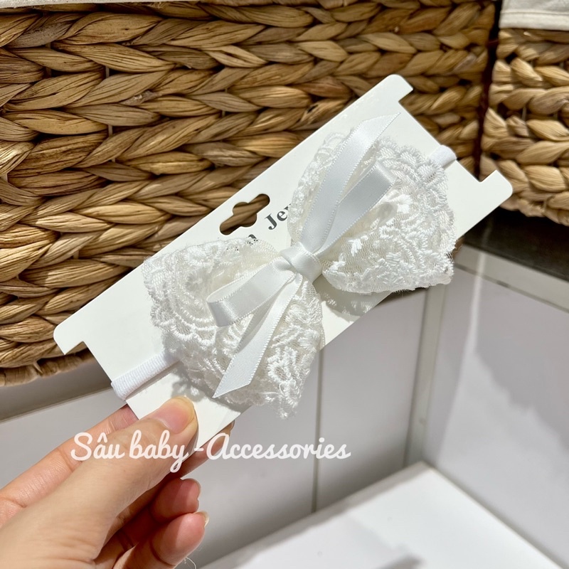 Băng đô turban nơ ren trắng handmade cho bé