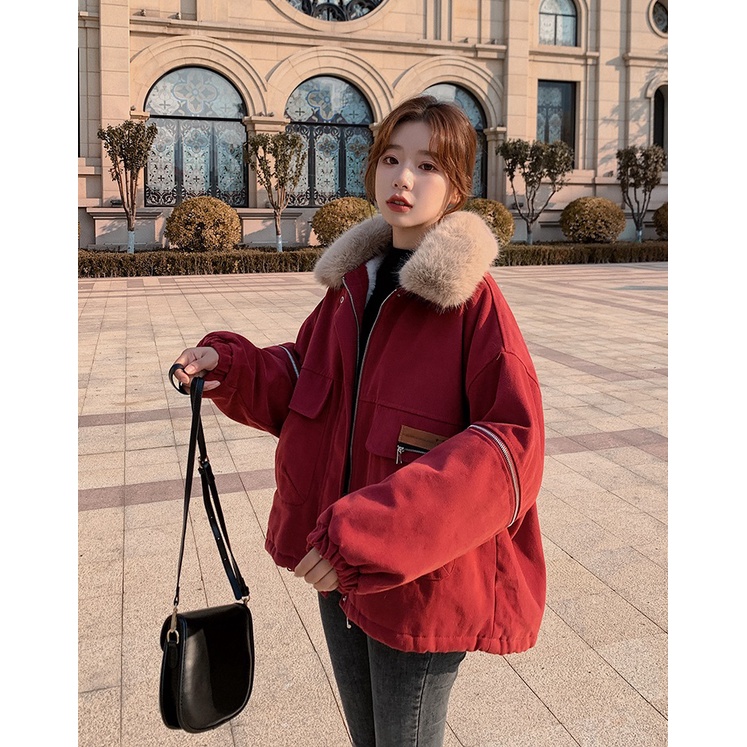 Áo khoác kaki lót lông dày siêu ấm túi hộp đẹp cổ lông xinh AK024 Áo form rộng đỏ nữ ấm áp thời trang mặc cho ngày lạnh