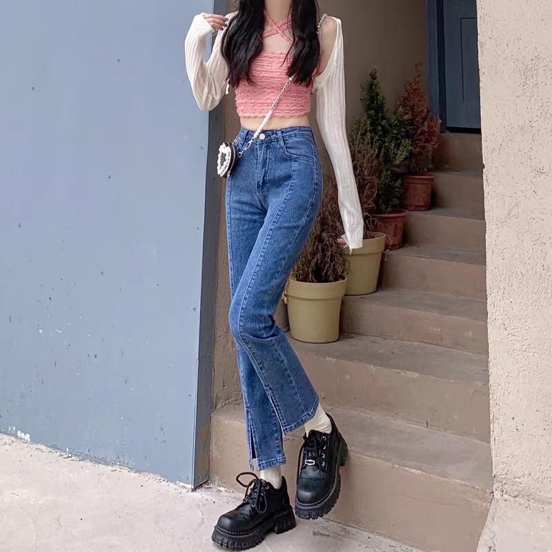 quần jeans cạp cao nữ bản order xẻ gấu ống loe nhẹ