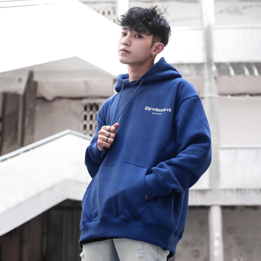 Áo Hoodie Fearless Màu Xanh Dương In Chữ Trắng Đơn Giản Chất Liệu Nỉ Bông Cotton