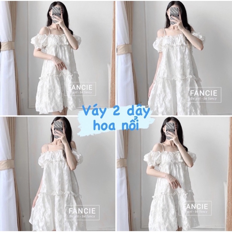 Đầm - Váy babydoll 2 dây hoa nổi dáng xoè, Đầm babydoll trễ vai xếp tầng in hoa nổi