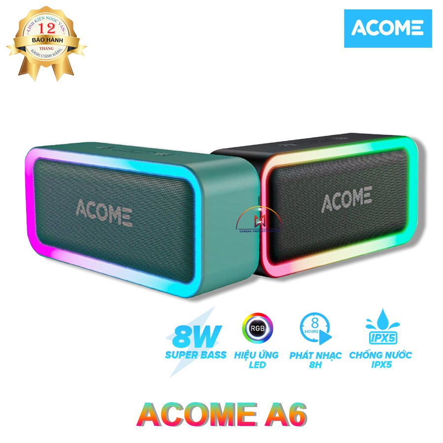 ACOME A6 Loa Bluetooth Công Suất 5W với LED RGB Chống Nước IPX5 Hỗ trợ TWS Ghép Đôi 2 Loa Âm thanh Vòm 360