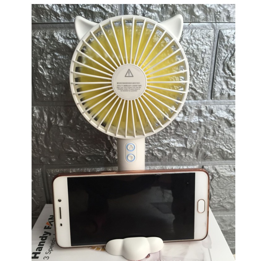 Quạt mini cầm tay tiện dụng handy fan 3 tốc độ gió tai mèo cao cấp có đèn kiêm giá đỡ điện thoại