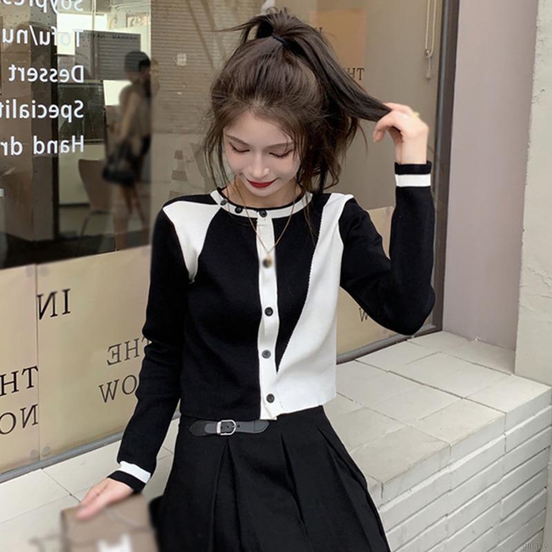 Áo khoác cardigan dệt kim tay dài dáng rộng phối màu thời trang phong cách Hàn Quốc cho nữ
