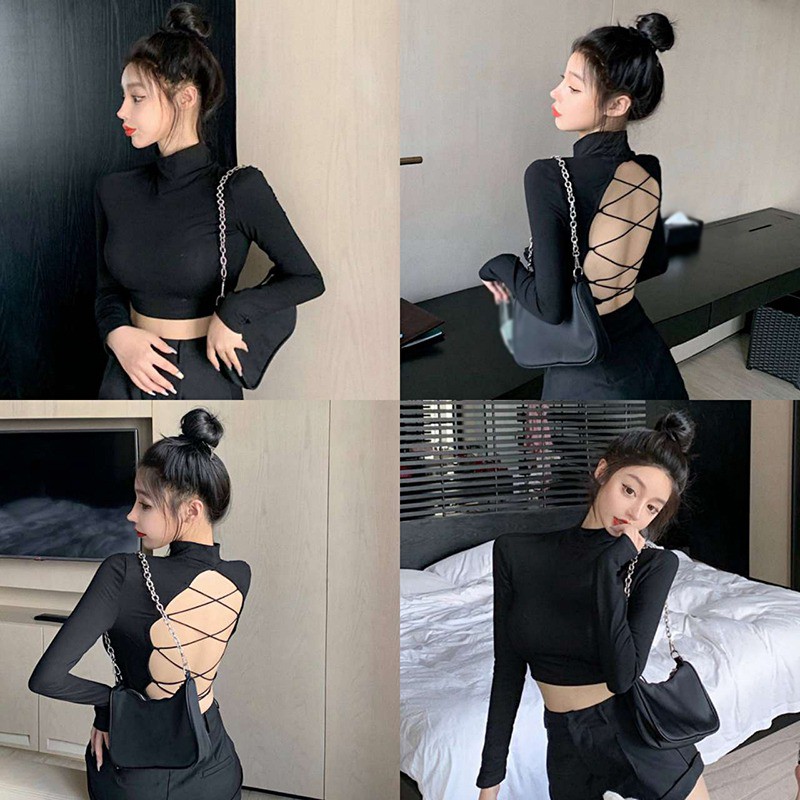 Áo Croptop Tay Dài Cổ Lọ Thiết Kế Hở Lưng Gợi Cảm