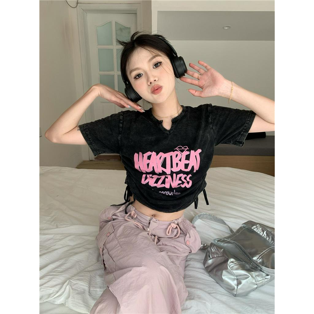 64189 Áo Thun Dây Rút Ngắn Phong Cách Đau Khổ