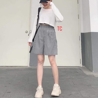 Quần đùi kẻ ống rộng quần đùi ống rộng kẻ sọc caro xinh xắn cho nữ