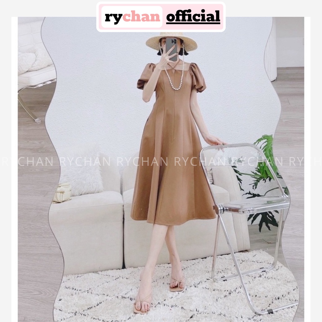 Đầm Nữ Dự Tiệc Cổ Vuông Tay Ngắn Phồng Dây Cổ Cực Khí Chất, Đầm Dài Xòe Kem Đậm - DX9772