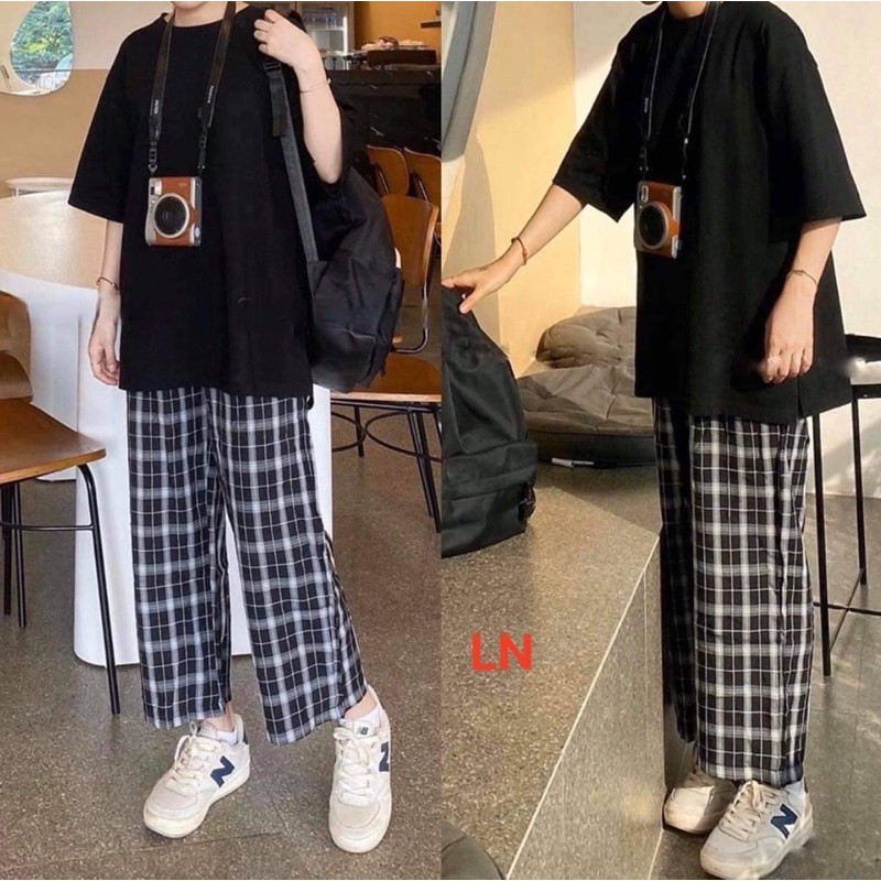 Sét áo trơn đen ngắn tay+quần kẻ ô