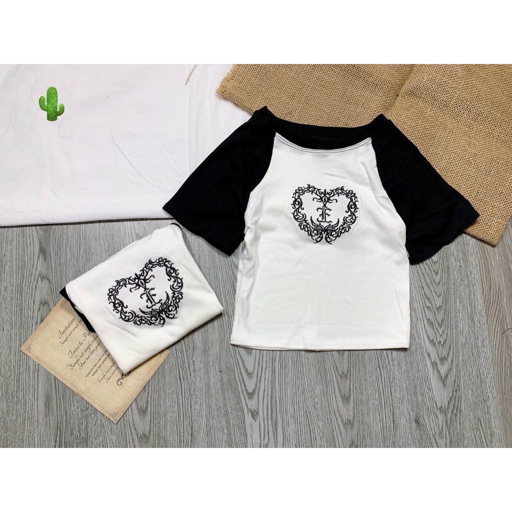 Áo thun nữ croptop tay ngắn cổ tròn in tim xinh pc