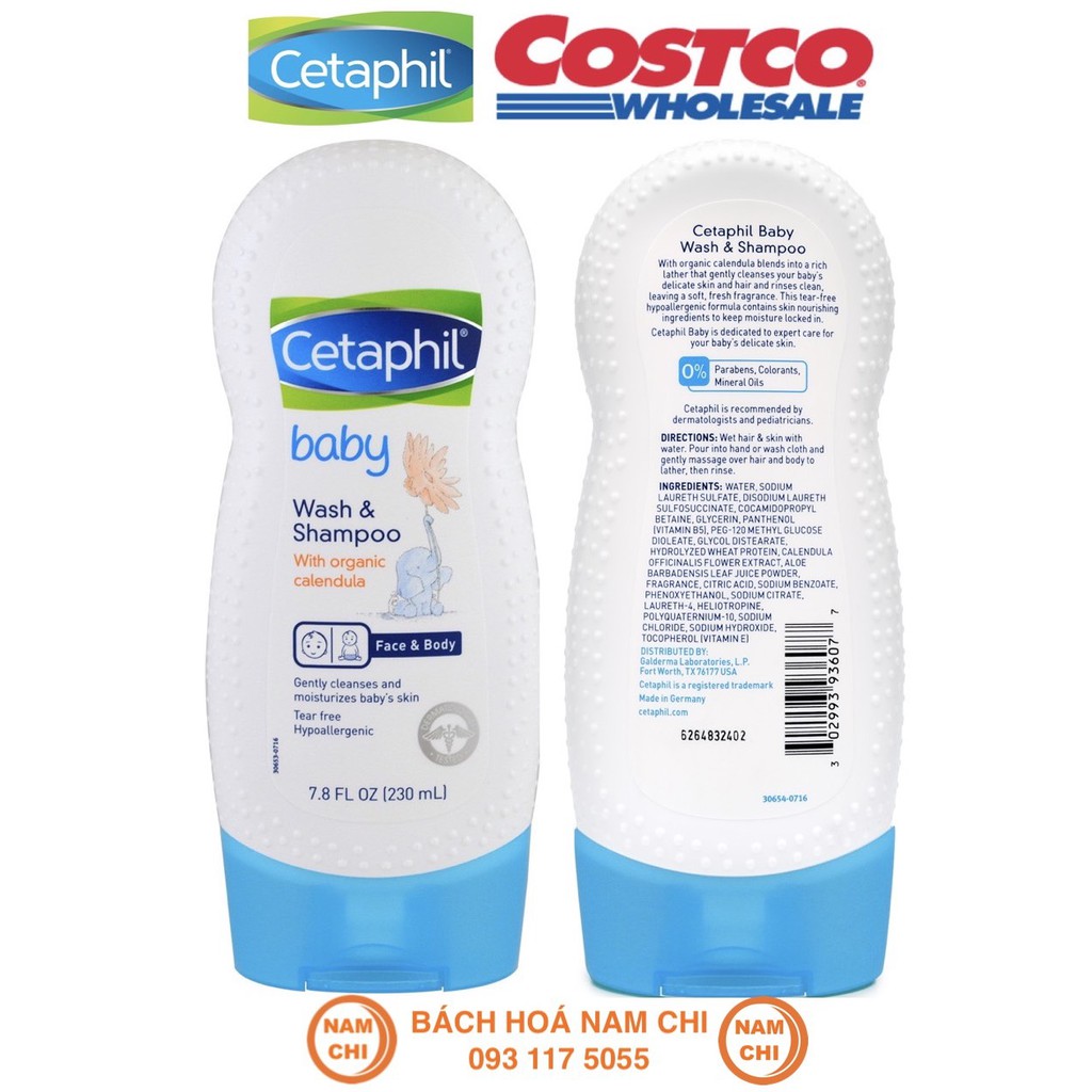 [HÀNG MỸ CÓ BILL] Tắm Gội Toàn Thân Cetaphil Baby Wash &amp; Shampoo With Organic Calendular 7.8FL OZ 230ml Cho Trẻ Sơ Sinh