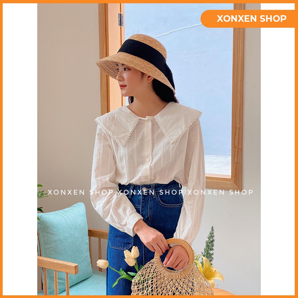 Áo kiểu nữ dài tay cổ bèo ren, chất vải xô mát FREESIZE.
