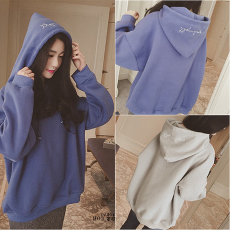 Áo Hoodies nữ tay dài màu trơn thiết kế dáng rộng thoải mái và thời trang