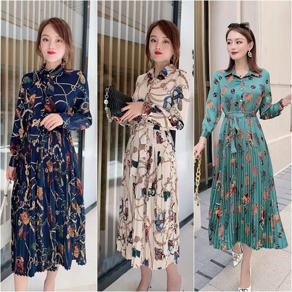 HÀNG NHẬP - ĐẦM XÒE LỤA DẬP LY DÁNG DÀI VINTAGE CAO CẤP - LCT74545