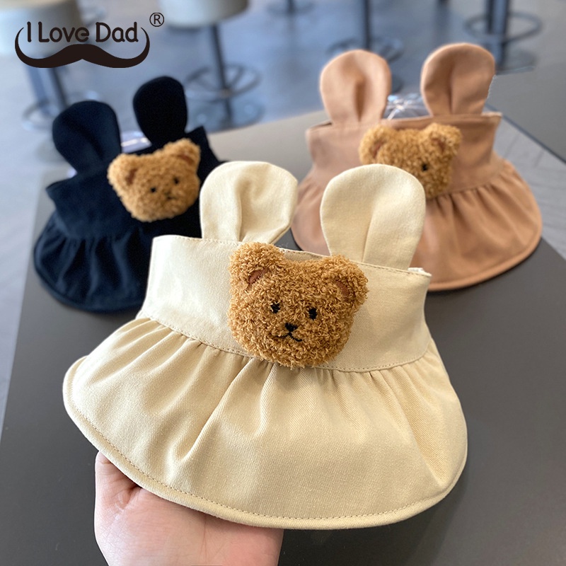 Mũ che nắng hở chóp bằng cotton mềm mại họa tiết gấu hoạt hình có tai dễ điều chỉnh thời trang mùa hè dành cho trẻ em