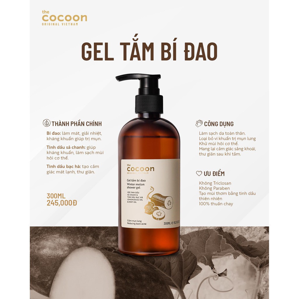 Gel tắm bí đao trị mụn trắng da Cocoon Vietnam 300ml Mẫu mới