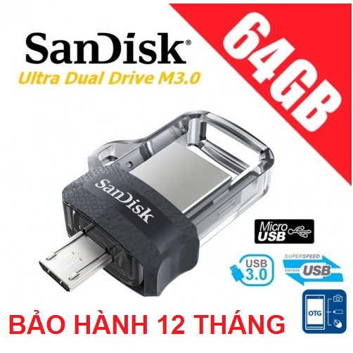 USB OTG 64GB SDisk Ultra Dual Drive M3.0 ( USB 2 Đầu)