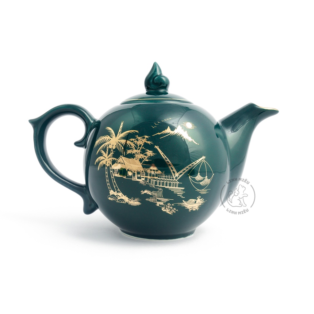 Bộ ấm chén sứ xanh cổ vịt hoạ tiết phong cảnh làng quê trang nhã, ấm pha trà sứBát Tràng đẹp quà tặng