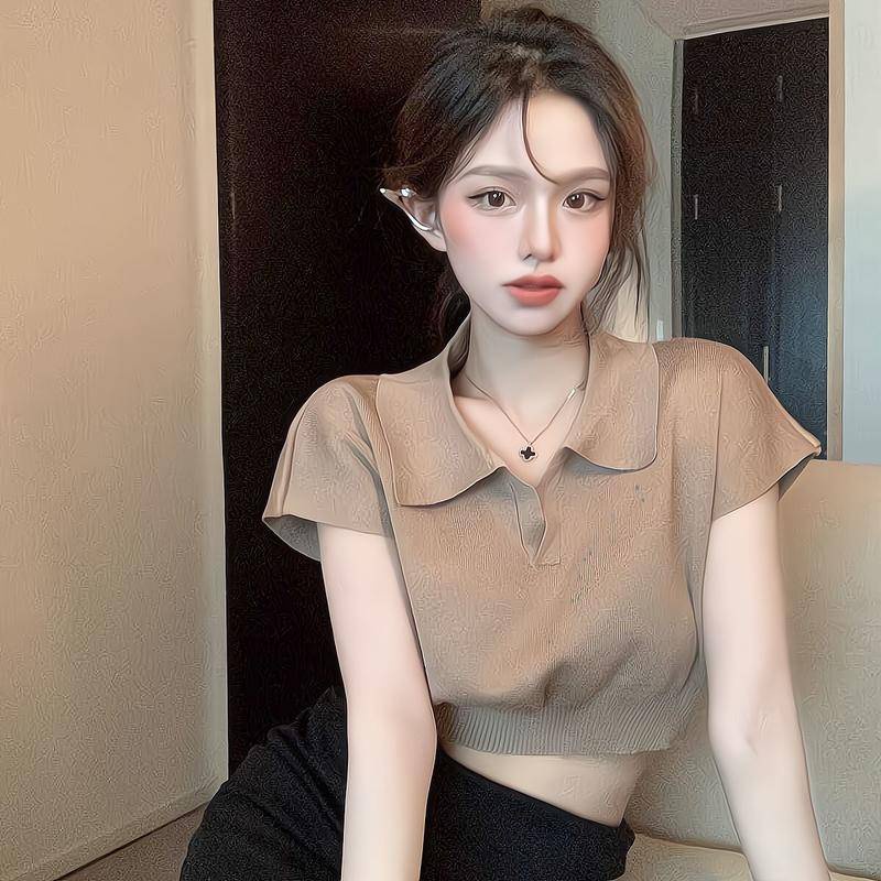 Áo Thun Dệt Kim Tay Ngắn Cổ Bẻ Dáng Ôm Thời Trang Mùa Hè Cho Nữ