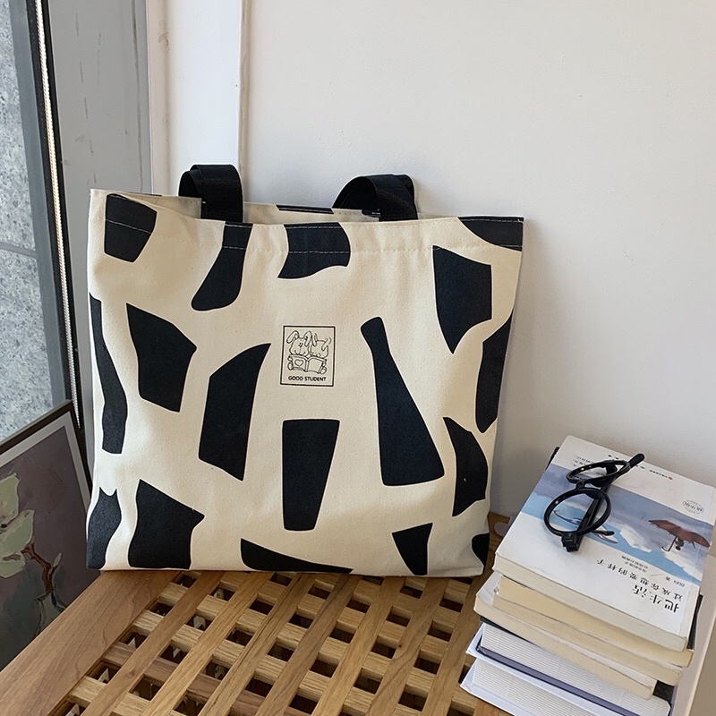 Túi tote túi vải canvas nữ, túi vải đeo vai đi học, đi chơi hoạ tiết bò sữa phong cách Hàn Quốc