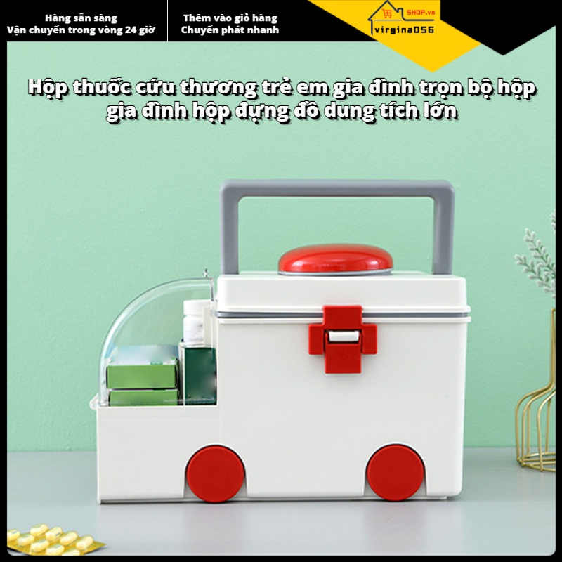Có thể bán buôn Hộp đựng thuốc Hình dạng dễ thương Xe cứu Hai lớp dung tích lớn có tay cầm di động Virgina056 Hàng giao ngay