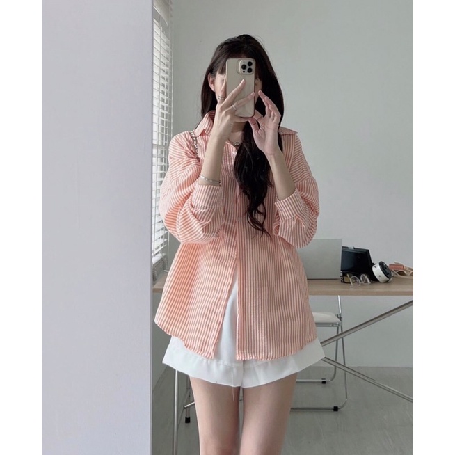 [Ảnh thật/Video]Áo sơ mi kẻ emma dài tay Hàn Quốc Áo xốp hàng Quảng Châu