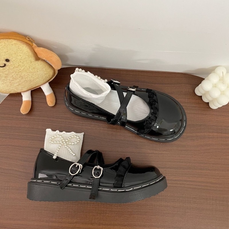 GIÀY LOLITA DA BÓNG MŨI TRÒN DÂY CHÉO KHUY CÀI PHONG CÁCH ANH QUỐC