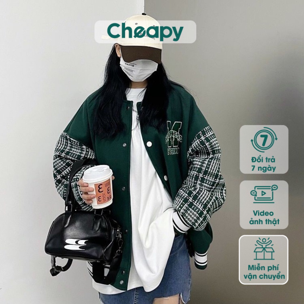 Áo khoác bomber, áo khoác nỉ M nam nữ phối tay kẻ caro xanh lá đen bo chun tay freesize form rộng unisex hàn quốc C1000