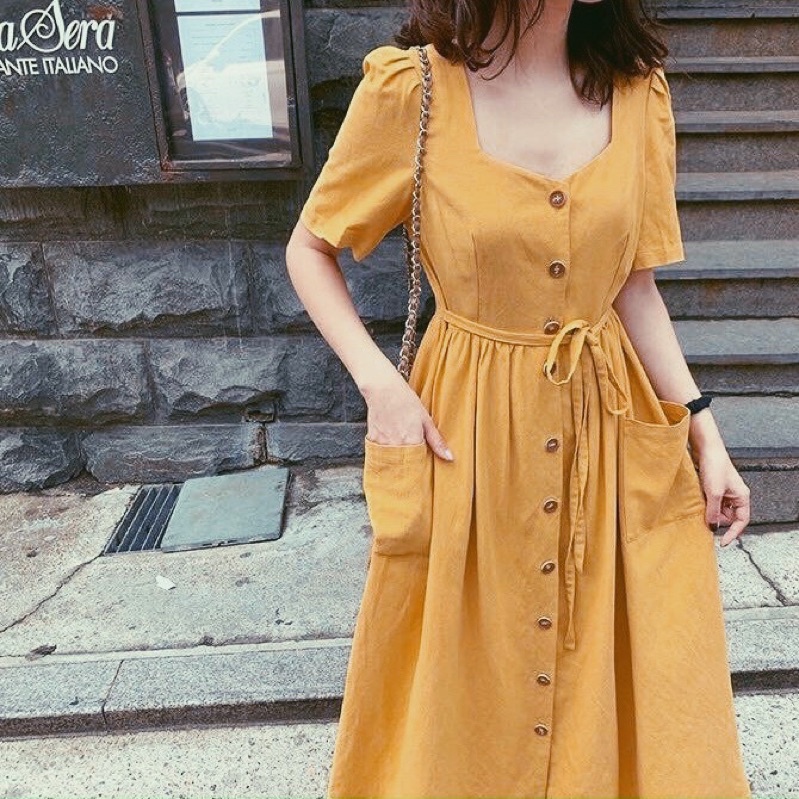 Đầm vàng nghệ 2 túi (kèm hình thật)