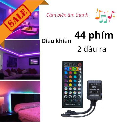 [ 44 phím ] Bộ Remote Điều Khiển Led RGB IR44 Cảm Biến Thu Âm Thanh Nháy Theo Nhạc 2 đầu ra