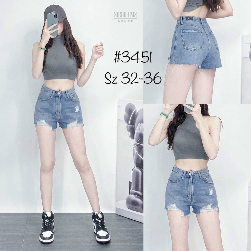 Quần short jean BigSize lưng cao trên rốn, co dãn mạnh, tua lai, màu Xanh rách bụi dành cho người mập 4342 MLJ 60kg-90kg