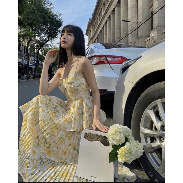 ĐẦM HOA VÀNG TẦNG 2 DÂY NHÍU NGỰC MIDI