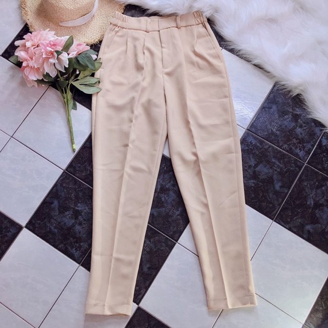 Quần baggy nữ cap cao lưng thun màu kem
