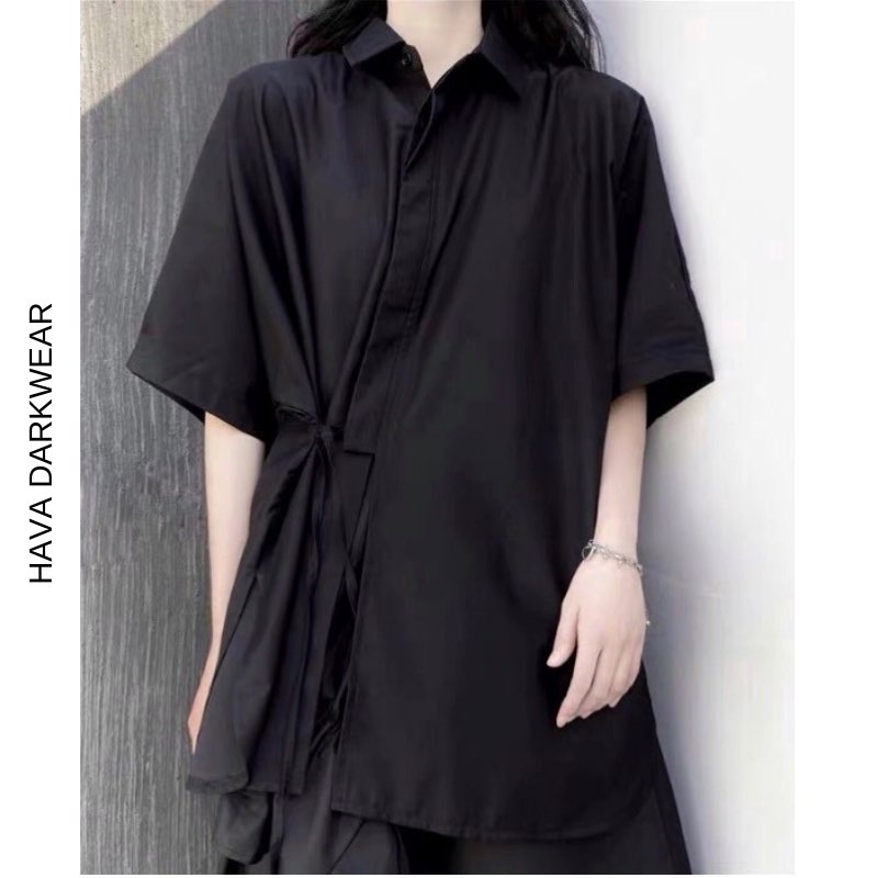 Áo sơ mi đen HAVADW tay lỡ chất mango chéo hàn mềm mát form suông rộng cá tính ASM16