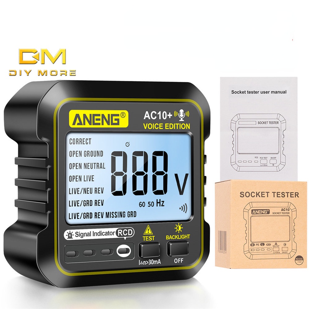 Máy kiểm tra ổ cắm điện DIYMORE AC10 + 10/16A có màn hình LCD đa chức năng phát bằng giọng nói