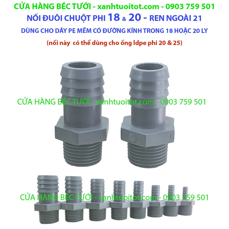Bộ 20 cái NỐI ĐUÔI CHUỘT 20 - DÙNG CHO ỐNG PE MỀM 25 - REN NGOÀI 21