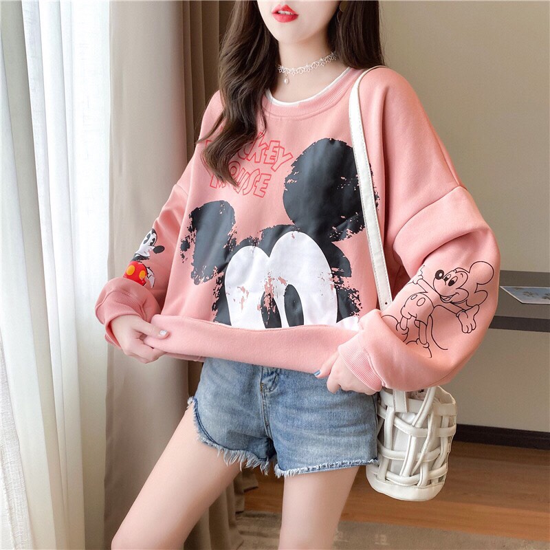 Áo Sweater Nỉ Nữ MICKEY MOUSE 🦋 Áo Thun Nữ Cổ Tròn Dài Tay Họa Tiết In 2 Màu 🦋