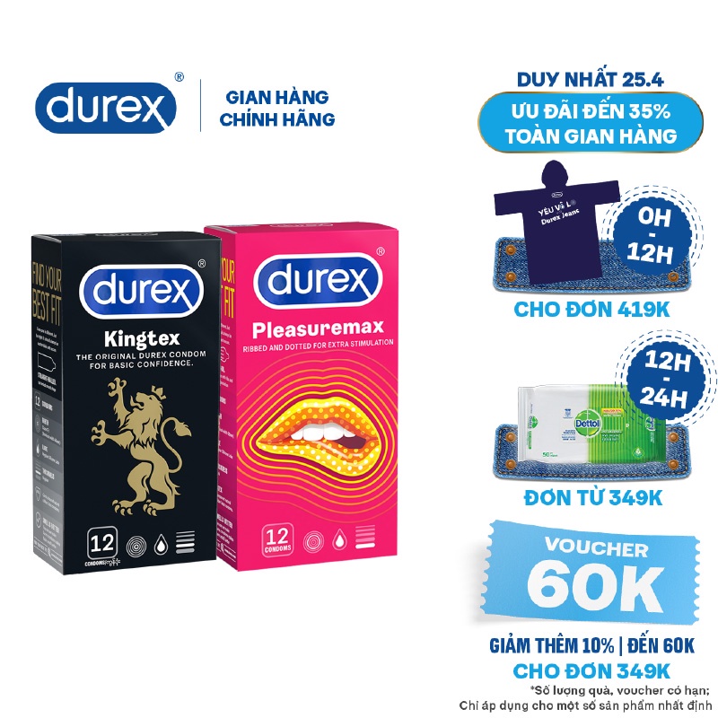 Bộ 1 hộp bao cao su Durex Kingtex 12 bao/hộp tặng 1 hộp Durex Pleasuremax 12 bao/hộp