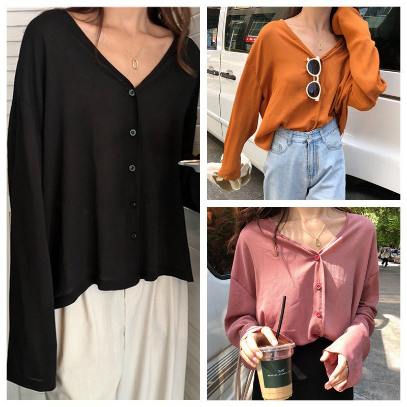 Áo tay dài cổ chữ V phối nút thời trang cho nữ | BigBuy360 - bigbuy360.vn
