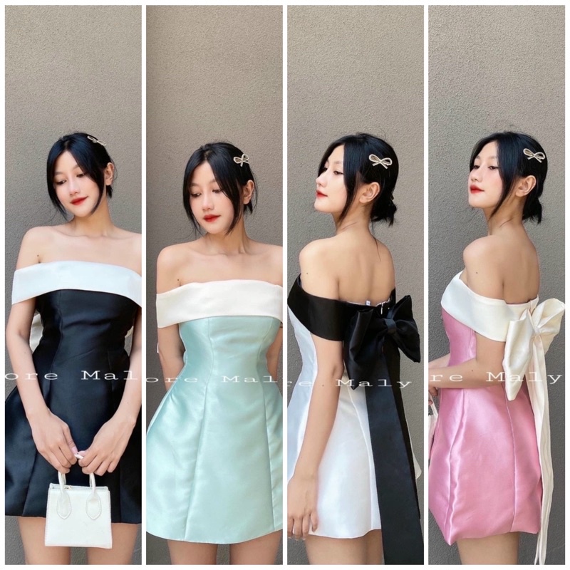 Đầm xoè nơ lưng trễ vai đen hồng xanh trắng