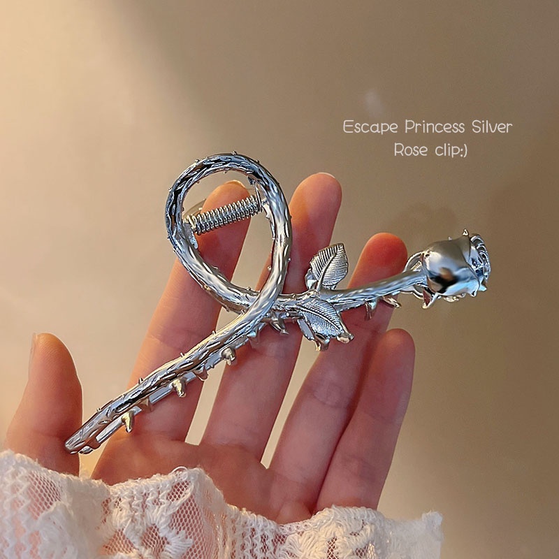 Kẹp Tóc 11cm Hình Hoa Hồng Kim Loại Màu Bạc Phong Cách Hàn Quốc Cá Tính Dành Cho Nữ