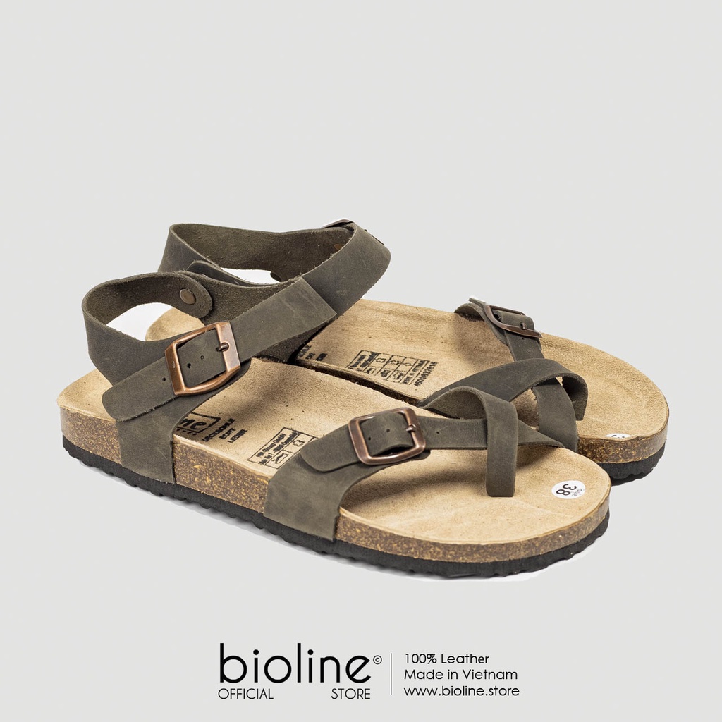 Sandals đế trấu da bò thật BIRKEN unisex nam nữ,  dép xăng đan quai hậu học sinh đi học chính hãng BIOLINE - D14