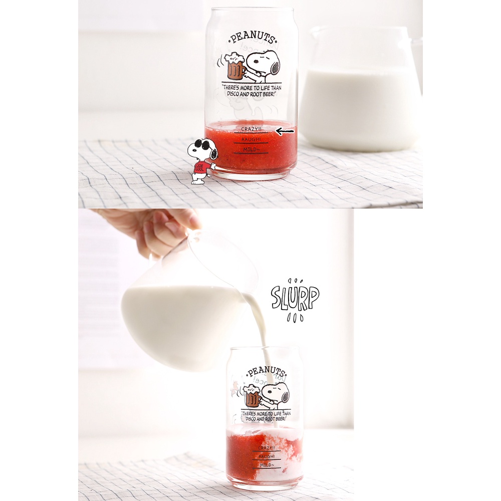 Set 2 cốc thủy tinh uống cà phê 330ml in hình chú chó Snoopy nhảy múa