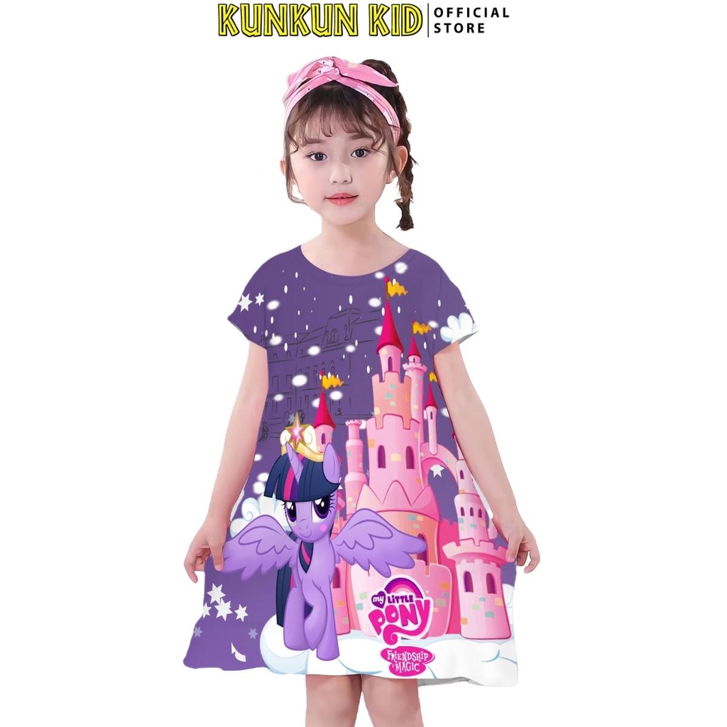Đầm bé gái chất thun lạnh in 3d hình ngựa pony Kunkun Kid D112