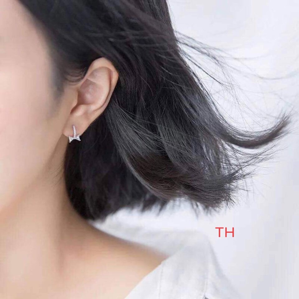 Bông tai bạc nữ dạng khoen tròn bấm hình nơ gắn đá nhỏ - Bạc Bibi