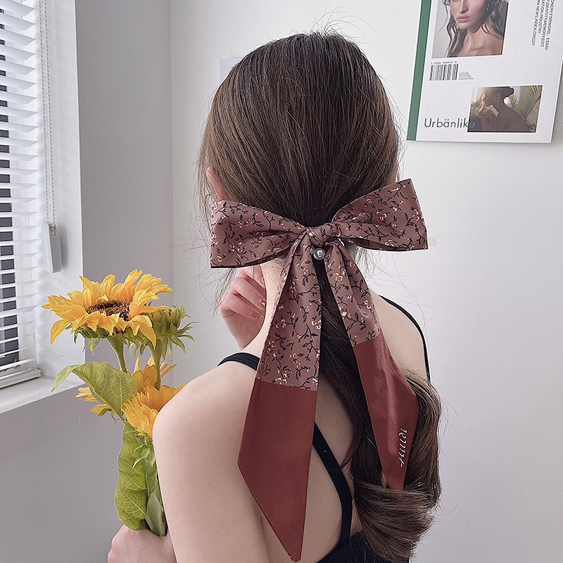 Dây buộc tóc kiểu khăn choàng cổ thắt nơ đính ngọc trai nhân tạo dễ thương cho nữ