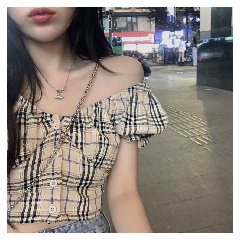 COZOK Áo Croptop Trễ Vai Họa Tiết Sọc Caro Phong Cách Vintage