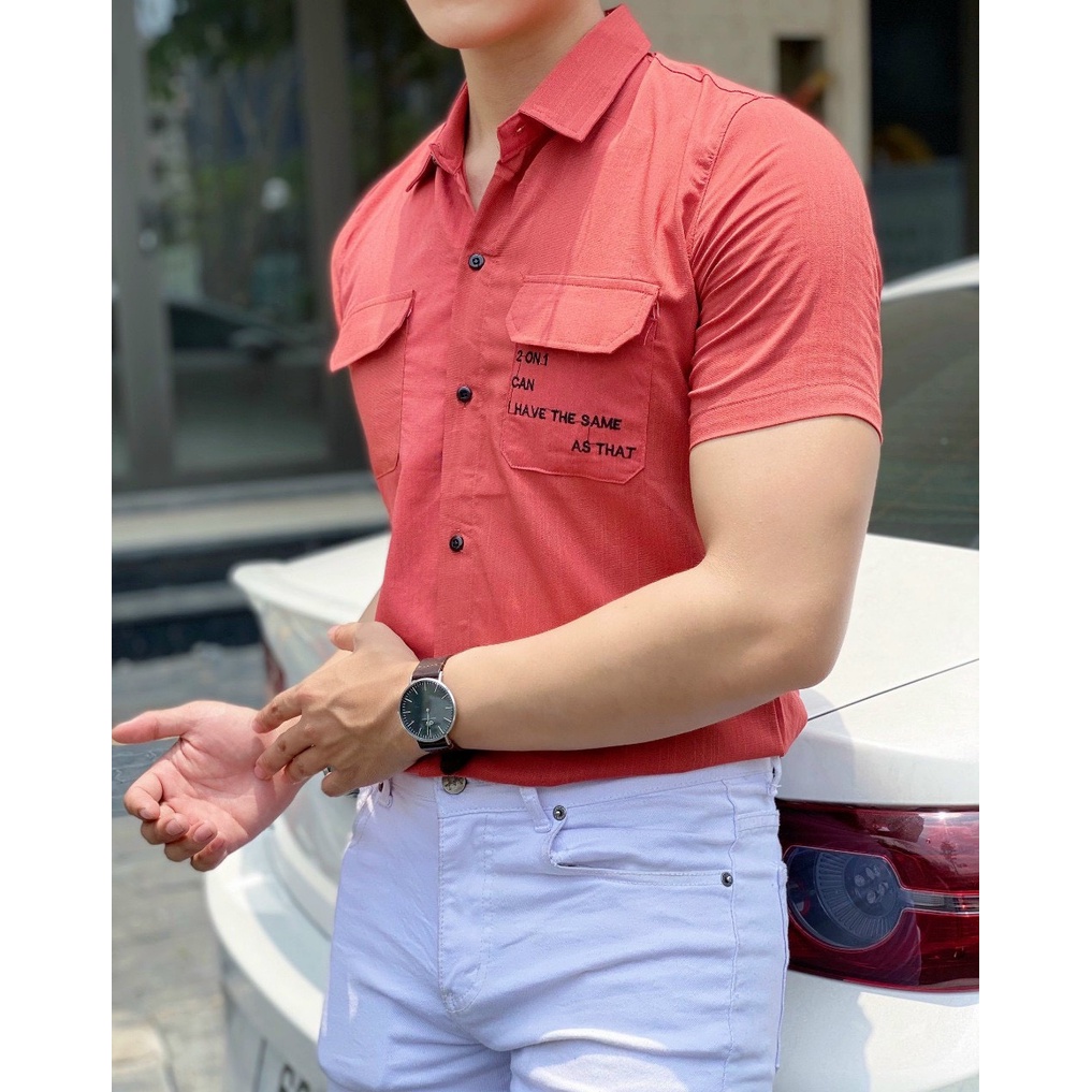 Áo sơ mi đũi tay ngắn nam, chất đũi dày dặn phối chữ thời trang - HKSM15 - Cam đỏ