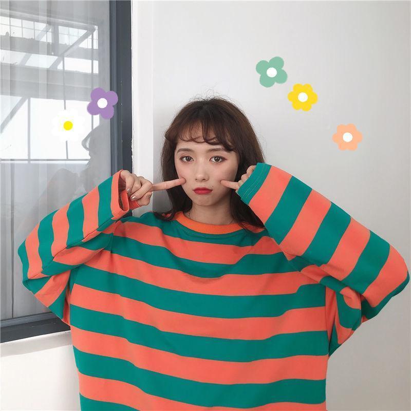 Áo thun tay dài cổ tròn họa tiết kẻ sọc thời trang Hàn Quốc